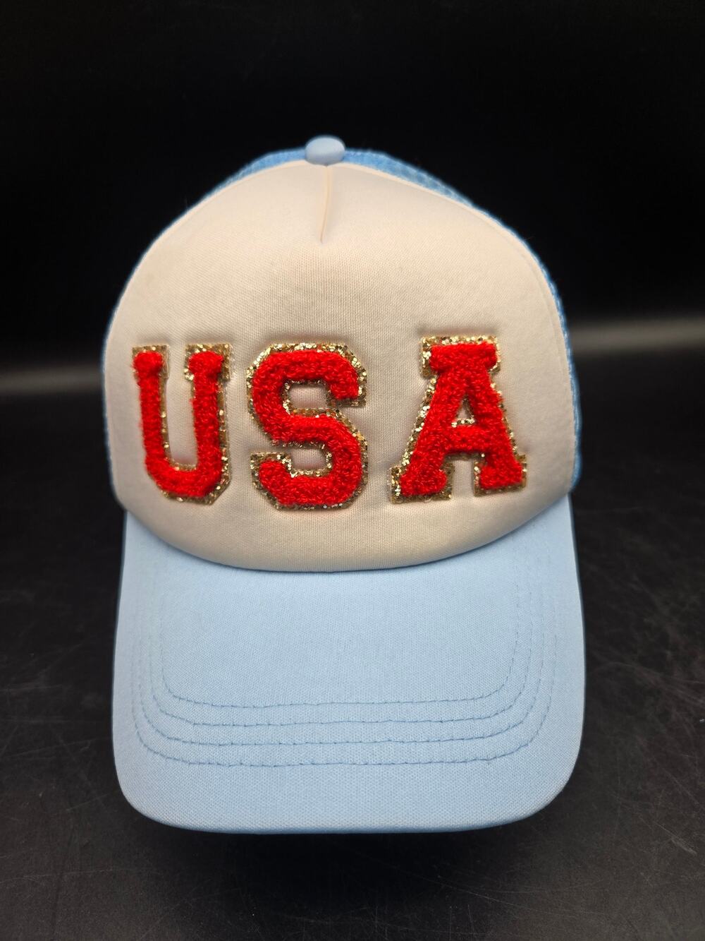 David & Young USA Chenille Trucker Hat Blue Mesh Snapback Baseball Cap Patriotic